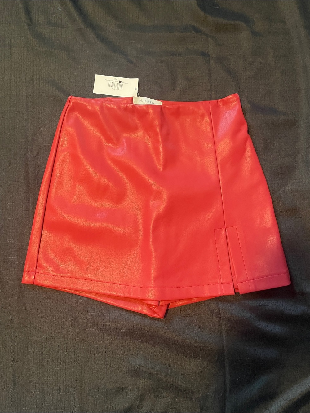 Hausen Red Faux Leather Mini Skirt with Front Slit. XS NWT